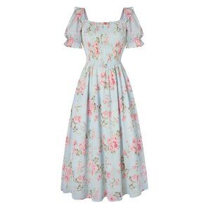 Scarlet Darkness Cottagecore Dress Puff Sleeve Square Neck Flowy Peasant Smocked